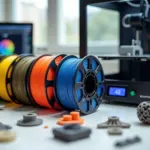 Четыре катушки филамента PLA ABS PETG ASA рядом с работающим FDM 3D принтером и образцами напечатанных деталей на столе