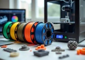 Четыре катушки филамента PLA ABS PETG ASA рядом с работающим FDM 3D принтером и образцами напечатанных деталей на столе