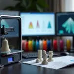 Профессиональный 3D‑принтер с напечатанным прототипом и тремя мониторами, показывающими интерфейсы Cura, PrusaSlicer и Simplify3D