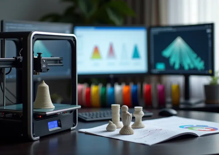Профессиональный 3D‑принтер с напечатанным прототипом и тремя мониторами, показывающими интерфейсы Cura, PrusaSlicer и Simplify3D