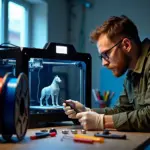 Инженер диагностирует 3D принтер с недопечатанным изделием и инструментами в мастерской