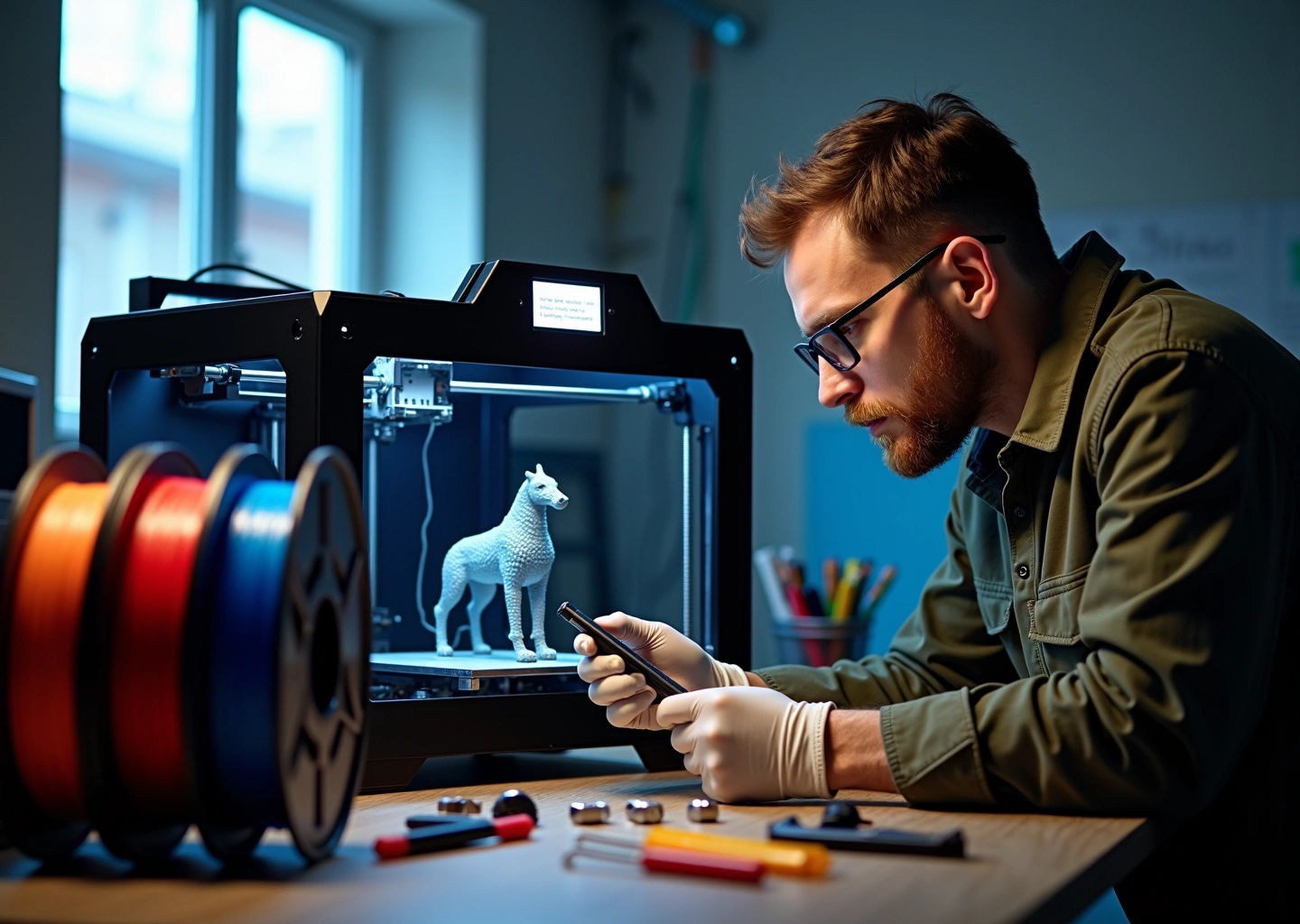 Инженер диагностирует 3D принтер с недопечатанным изделием и инструментами в мастерской