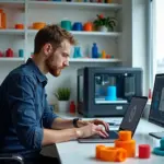 Студия 3D‑печати в России с несколькими принтерами, образцами изделий и предпринимателем у ноутбука