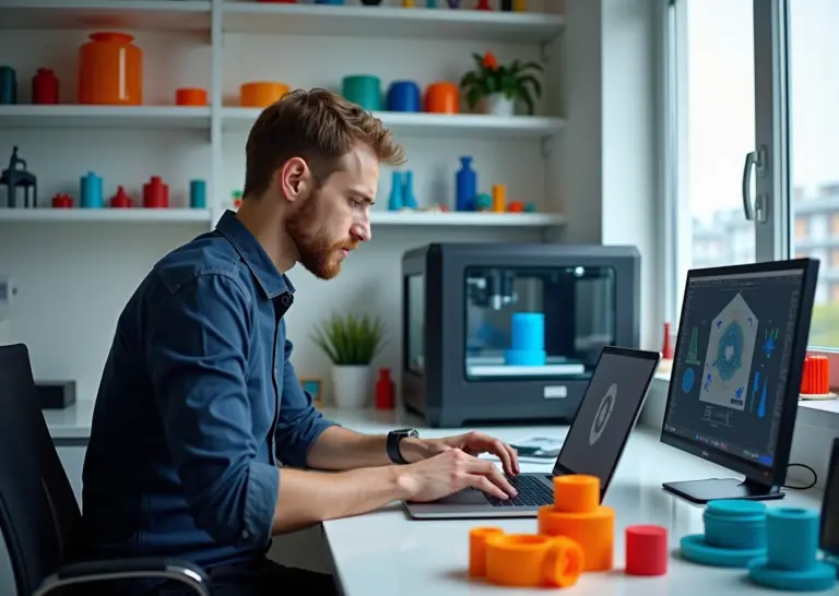 Студия 3D‑печати в России с несколькими принтерами, образцами изделий и предпринимателем у ноутбука