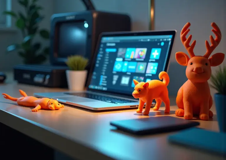 Рабочее место предпринимателя с бюджетными 3D‑принтерами, напечатанными изделиями и ноутбуком