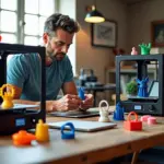 Два 3D принтера Creality K1 и Bambu Lab A1 на рабочем столе малого бизнеса, предприниматель держит свежий напечатанный прототип, на столе видны упаковка и ноутбук с ПО для печати