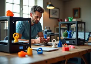 Два 3D принтера Creality K1 и Bambu Lab A1 на рабочем столе малого бизнеса, предприниматель держит свежий напечатанный прототип, на столе видны упаковка и ноутбук с ПО для печати