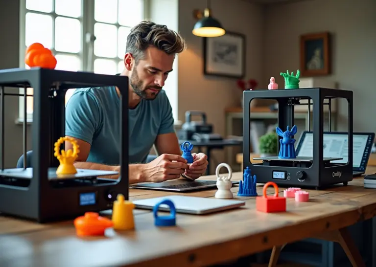 Два 3D принтера Creality K1 и Bambu Lab A1 на рабочем столе малого бизнеса, предприниматель держит свежий напечатанный прототип, на столе видны упаковка и ноутбук с ПО для печати