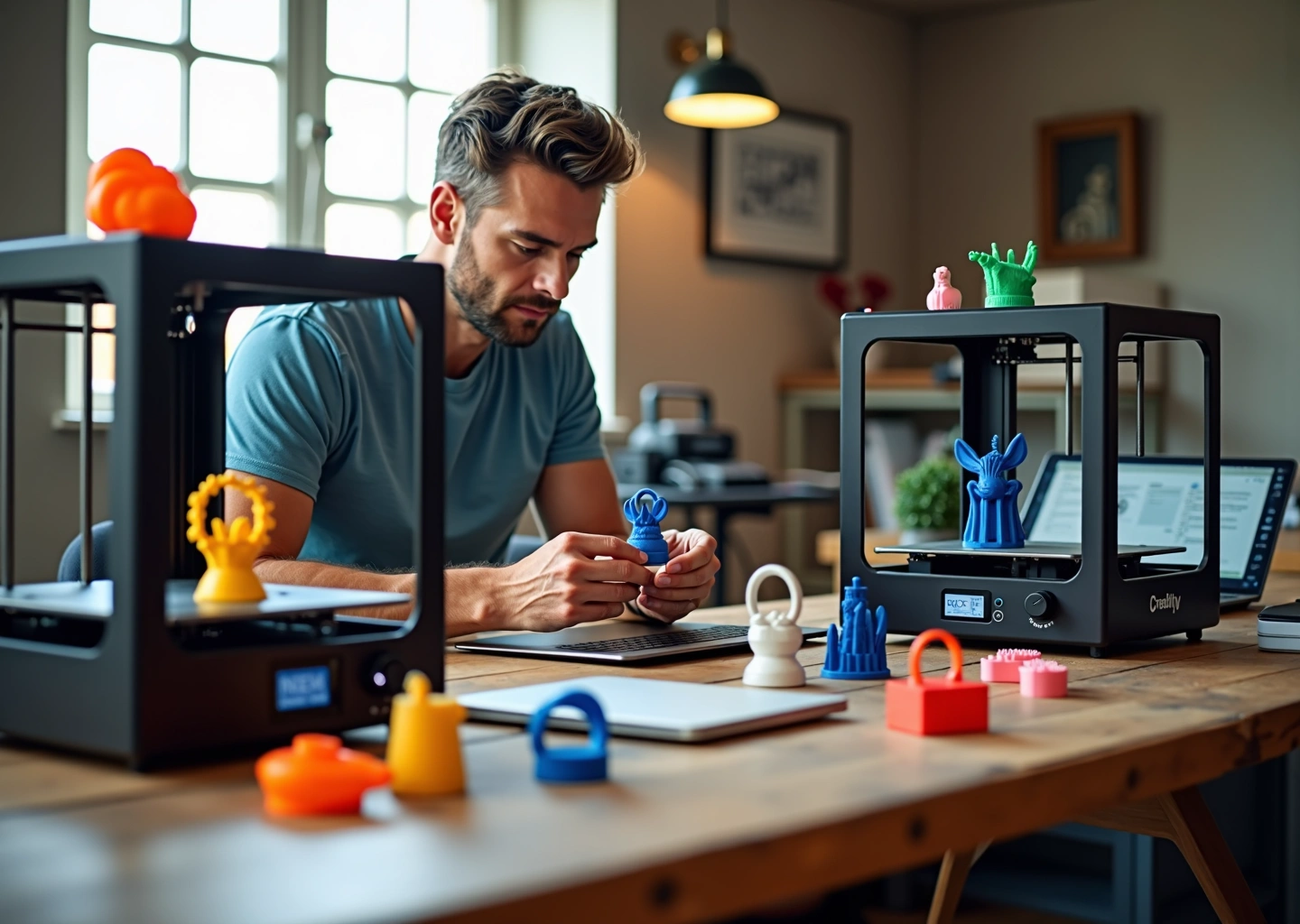 Два 3D принтера Creality K1 и Bambu Lab A1 на рабочем столе малого бизнеса, предприниматель держит свежий напечатанный прототип, на столе видны упаковка и ноутбук с ПО для печати