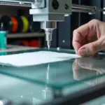 3D-принтер печатает модель на столе, видны клеящие средства, скребок и инструменты для калибровки