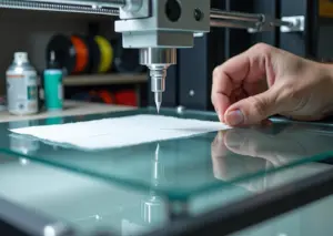 3D-принтер печатает модель на столе, видны клеящие средства, скребок и инструменты для калибровки