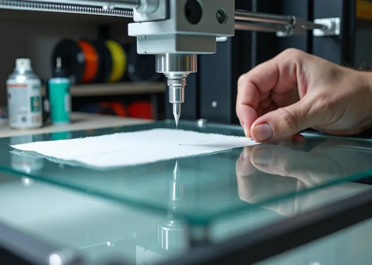 3D-принтер печатает модель на столе, видны клеящие средства, скребок и инструменты для калибровки