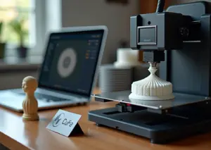 Рабочий стол малого производства с 3D принтером в процессе печати и открытым интерфейсом Cura на ноутбуке