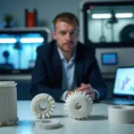 Три 3D‑детали и три принтера FDM SLA SLS на рабочем столе в современном российском офисе, инженер проверяет прототипы