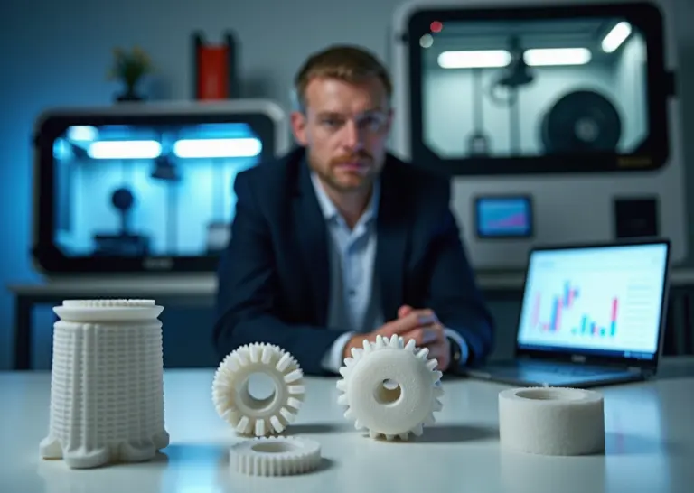 Три 3D‑детали и три принтера FDM SLA SLS на рабочем столе в современном российском офисе, инженер проверяет прототипы