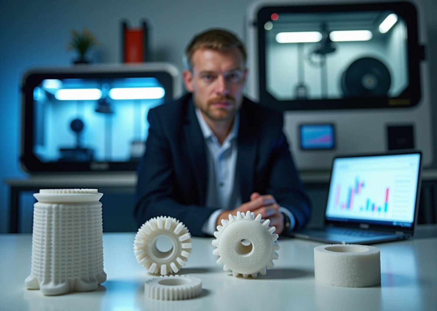 Три 3D‑детали и три принтера FDM SLA SLS на рабочем столе в современном российском офисе, инженер проверяет прототипы